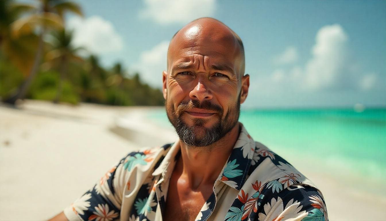 Bald man featuring a precisely trimmed thin goatee, highlighting facial contours.